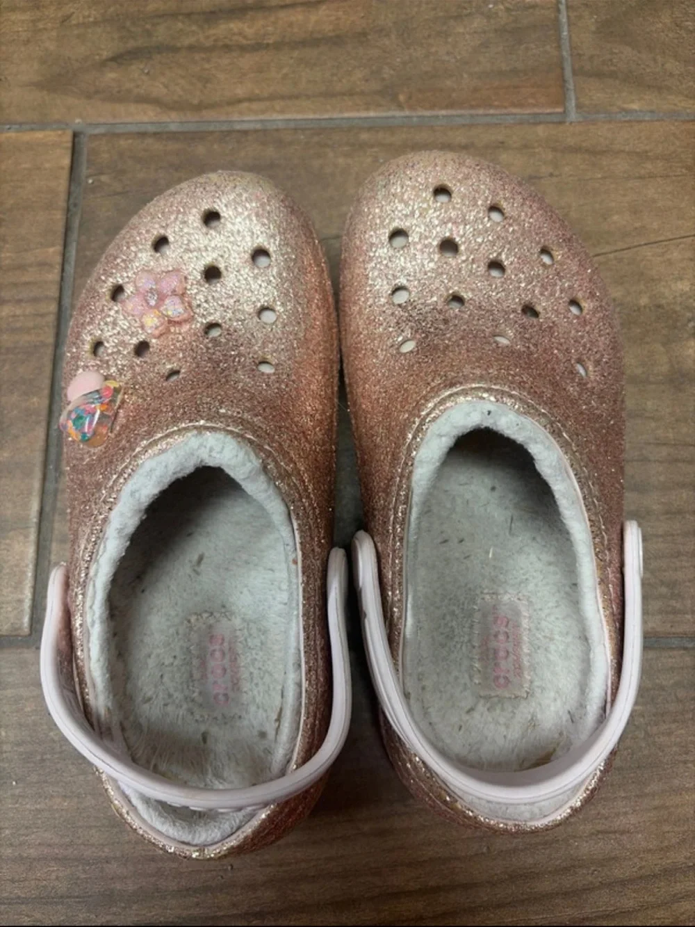 CROCS Kids Glitter Clogs in Rose Gold with Plush Lining